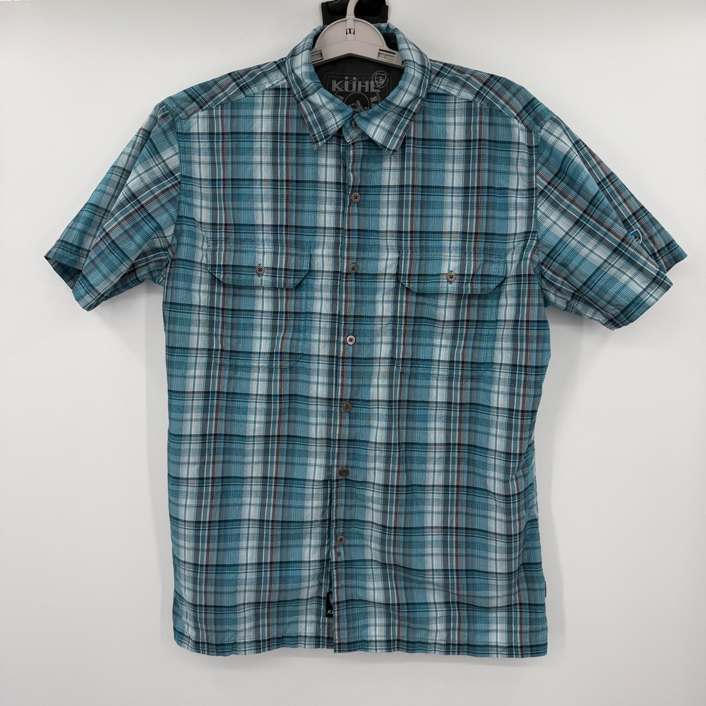 Kuhl Eluxor Mens Medium Teal Blue Plaid Short Sleeve Button Down Hiking Shirt
